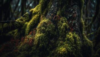 Multi colored leaves adorn old pine tree trunk generated by AI photo