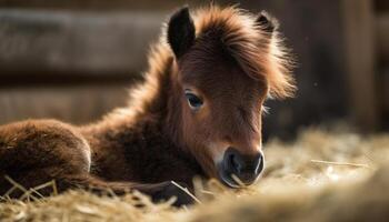 Cute young horse grazing in rural meadow generated by AI photo