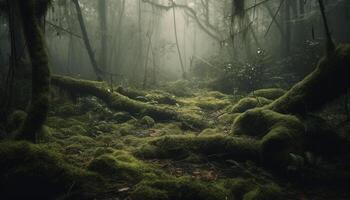 Mysterious forest, spooky beauty in nature darkness generated by AI photo