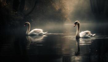 Majestic swans grace tranquil pond in nature generated by AI photo