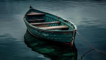 bote de remos fijación soga, tranquilo escena, verde reflexión generado por ai foto