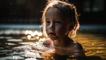 Cute Caucasian child enjoying summer pool fun generated by AI photo