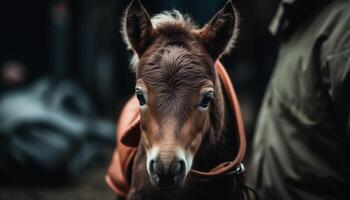 Stallion mane grazes in rural meadow beauty generated by AI photo