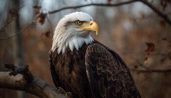 Majestic bald eagle perched on tree branch generated by AI photo