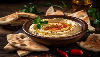 Fresh hummus and pita bread appetizer plate generated by AI photo