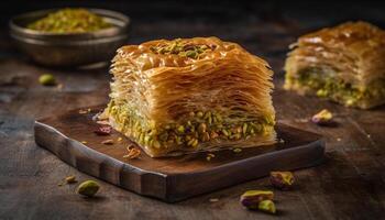 Layered baklava slice with chopped walnuts and honey generated by AI photo