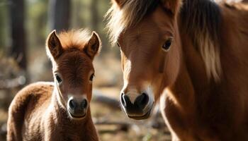 Mare and foal graze in rural meadow generated by AI photo