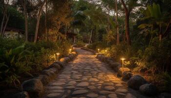 Tranquil scene of illuminated lantern in old forest generated by AI photo