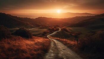 Sunset over mountain range, tranquil beauty in nature generated by AI photo