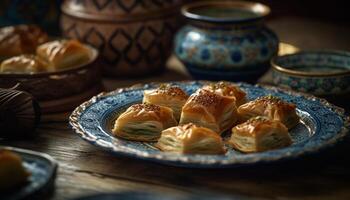 Baklava, a sweet Turkish dessert, on plate generated by AI photo