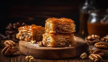 Homemade baklava, a sweet nutty dessert generated by AI photo