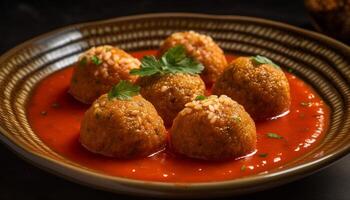 Freshly cooked meatballs and vegetable appetizer plate generated by AI photo