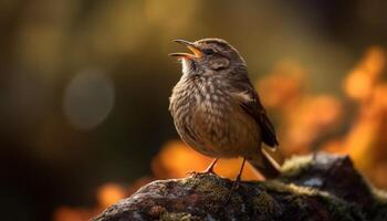 amarillo pájaro cantor encaramado en rama, canto tranquilidad generado por ai foto