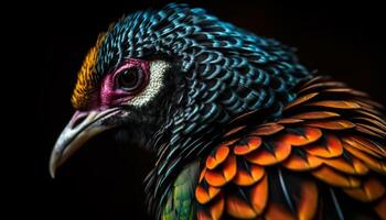 Vibrant rooster feathers showcase nature beauty generated by AI photo