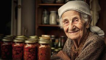 Smiling senior woman holds homemade organic jar generated by AI photo