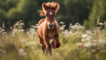 Cute foal running in green meadow generated by AI photo