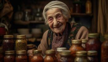 sonriente mayor mujer sostiene hecho en casa cerámica tarro generado por ai foto