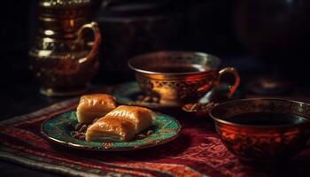 Baklava on wooden plate, Turkish culture dessert generated by AI photo