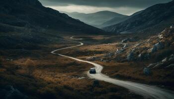 Driving through mountain range, adventure awaits ahead generated by AI photo