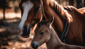 Mare and foal grazing in beautiful meadow generated by AI photo