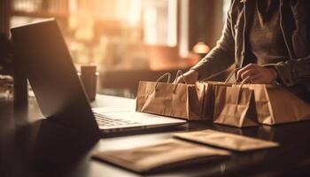 Young adult buying laptop online, holding bag generated by AI photo