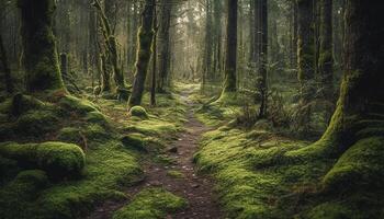 Tranquil footpath winds through mysterious forest scene generated by AI photo