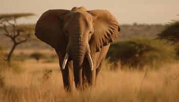 africano elefante caminando mediante sabana a puesta de sol generado por ai foto