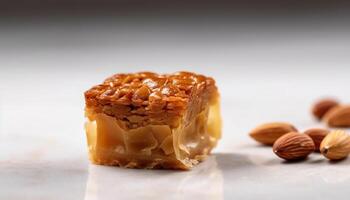 Gourmet dessert plate with fresh fruit and nuts generated by AI photo