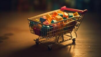 niño compras carro lleno con vistoso juguetes generado por ai foto