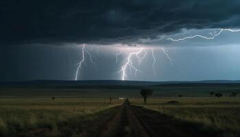 Dramatic sky, forked lightning, danger outdoors, spooky generated by AI photo
