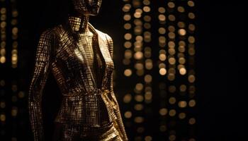 Shiny dress on mannequin, standing in illuminated background generated by AI photo