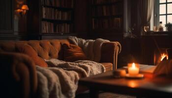 Cozy armchair by candlelight, bookshelf in background generated by AI photo