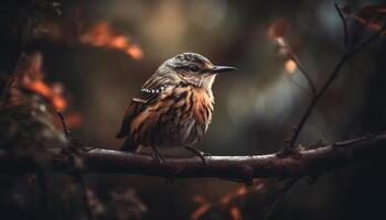 Small bird perching on branch, close up view generated by AI photo