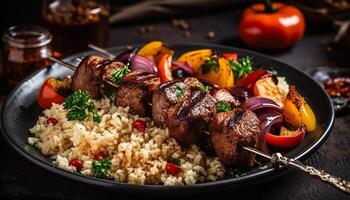 Grilled meat skewers with fresh vegetables and herbs generated by AI photo