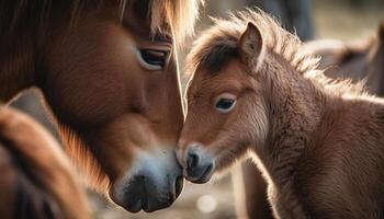 Smiling child kisses playful mare in meadow generated by AI photo