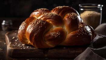 Freshly baked bread on rustic wooden table generated by AI photo