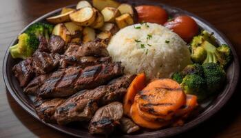 A la parrilla carne y vegetales en rústico plato generado por ai foto