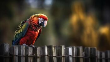 Vibrant macaw perched on branch in forest generated by AI photo