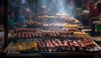 A la parrilla brochetas de carne, mariscos, y vegetales generado por ai foto