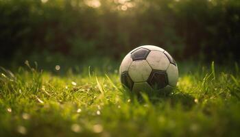 verde fútbol pelota rollos en herboso prado generado por ai foto