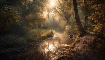 Mysterious autumn forest, foggy path, spooky beauty generated by AI photo