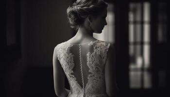 Elegant bride in monochrome dress, looking away generated by AI photo