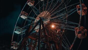 Spinning steel wheel illuminates night carnival fun generated by AI photo