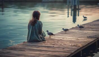 Caucasian woman sitting on jetty, enjoying solitude generated by AI photo