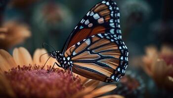 Vibrant monarch butterfly pollinates yellow flower outdoors generated by AI photo