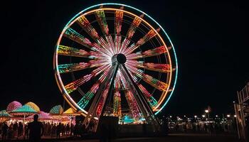 Joyful family enjoys spinning carnival ride at night generated by AI photo