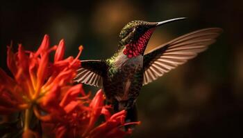 Hummingbird hovering mid air, pollinating vibrant yellow flower generated by AI photo