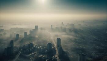 Glowing skyscrapers illuminate the futuristic cityscape at dawn generated by AI photo