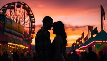 joven Pareja abraza en retroiluminado puesta de sol felicidad generado por ai foto