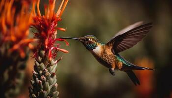 flotando de color herrumbre colibrí poliniza vibrante flor al aire libre generado por ai foto